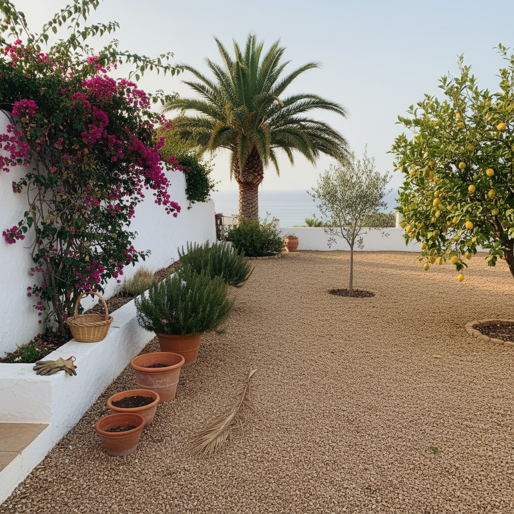 Jardín mediterráneo de costa con palmera datilera, buganvilla, cítricos y suelo de gravilla