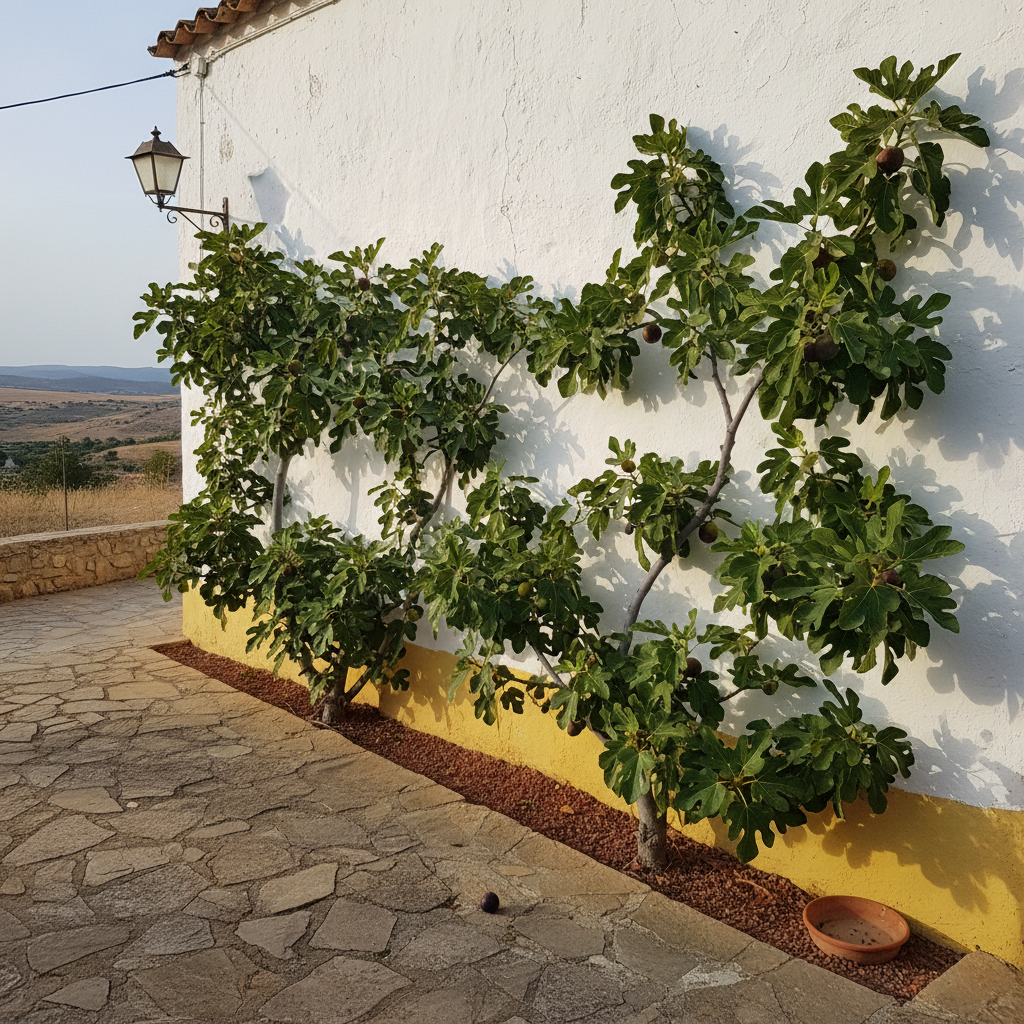 Higuera en espaldera contra un muro encalado orientado al sur en un patio interior de Soria
