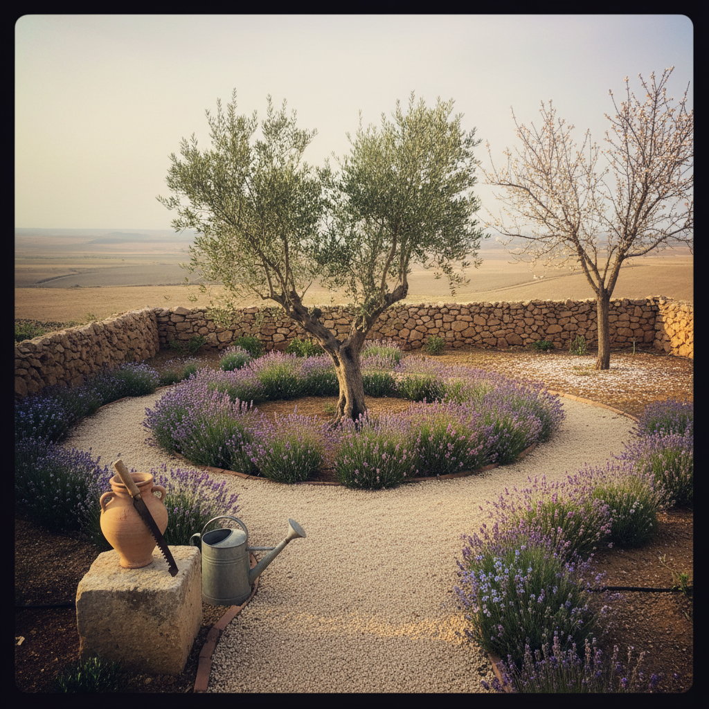 Olivar joven con lavanda, romero y almendro al fondo en una meseta interior española