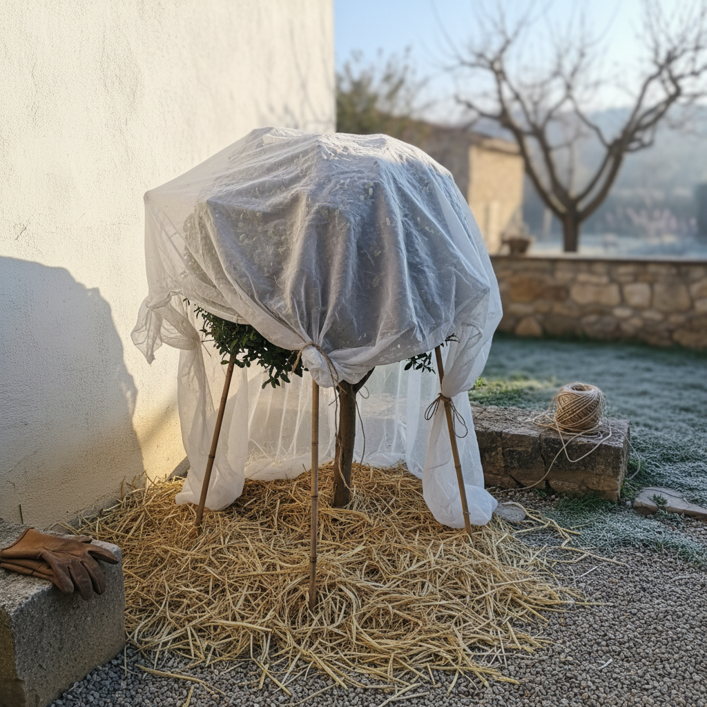 Manta antiheladas blanca cubriendo un arbusto contra un muro sur encalado en un jardín español de invierno