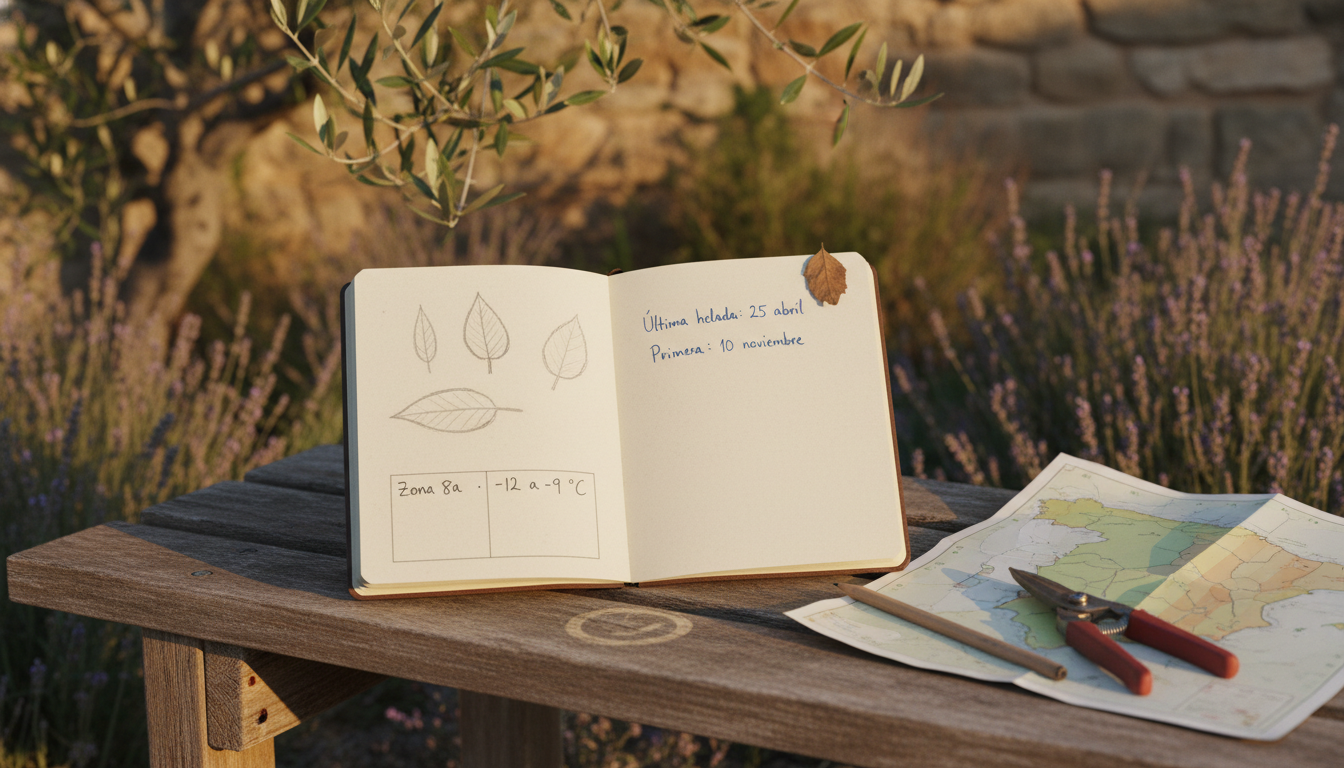 Cuaderno de jardín con fechas de heladas y un mapa de zonas USDA de España sobre un banco de madera