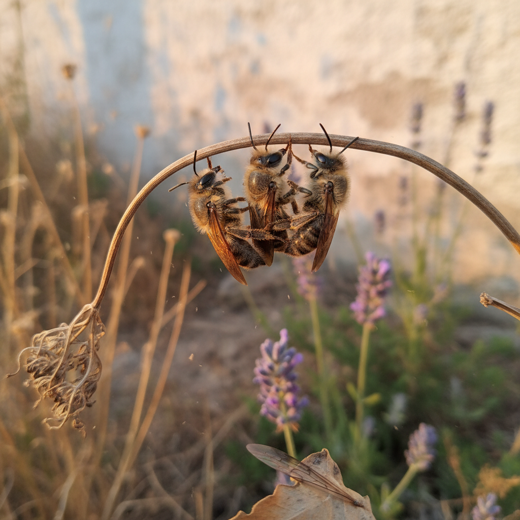 Pequeño grupo de abejas Megachile dormidas agarradas por las mandíbulas a un tallo seco al atardecer