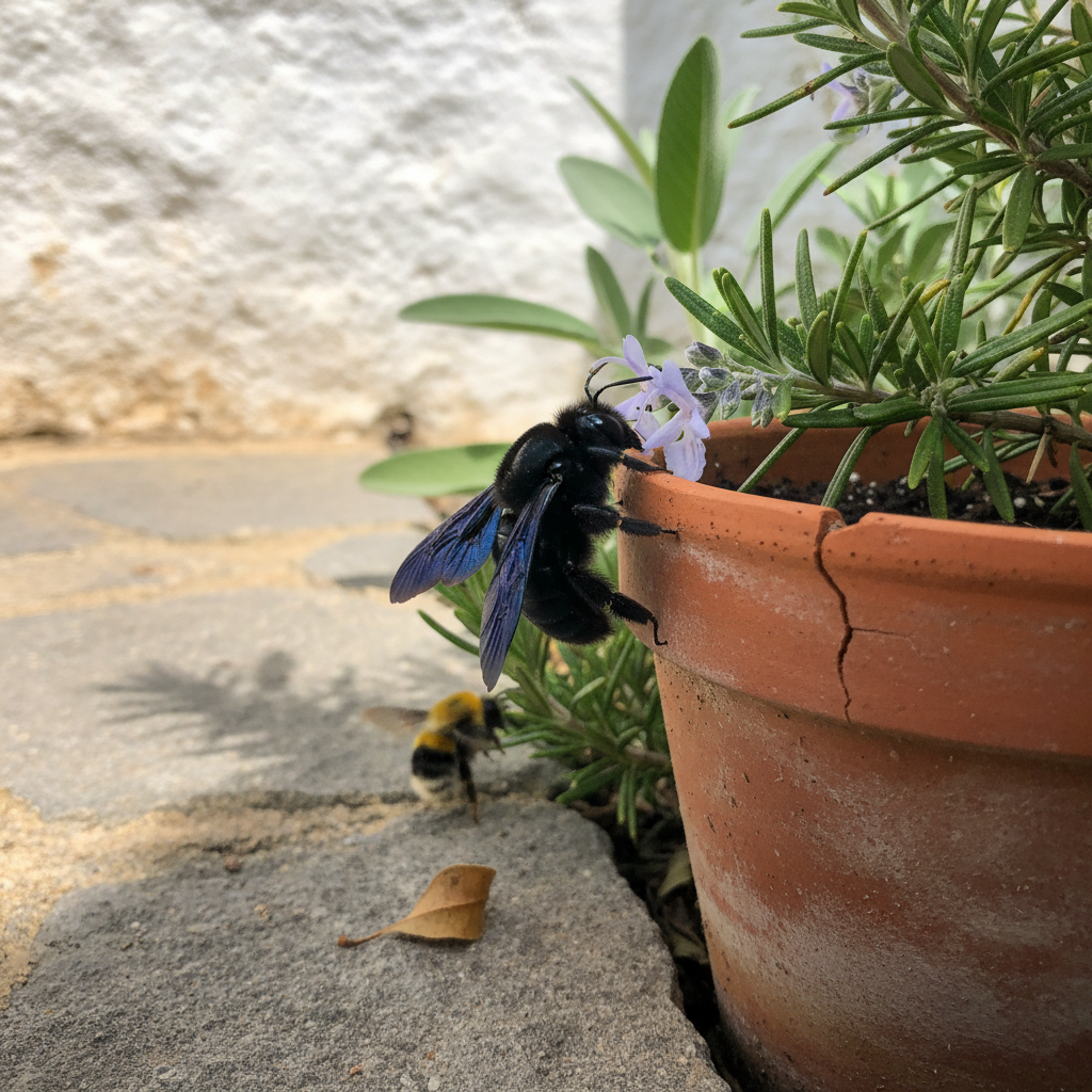 Abejorro carpintero Xylocopa violacea posado sobre flor azul de romero en un huerto soleado español