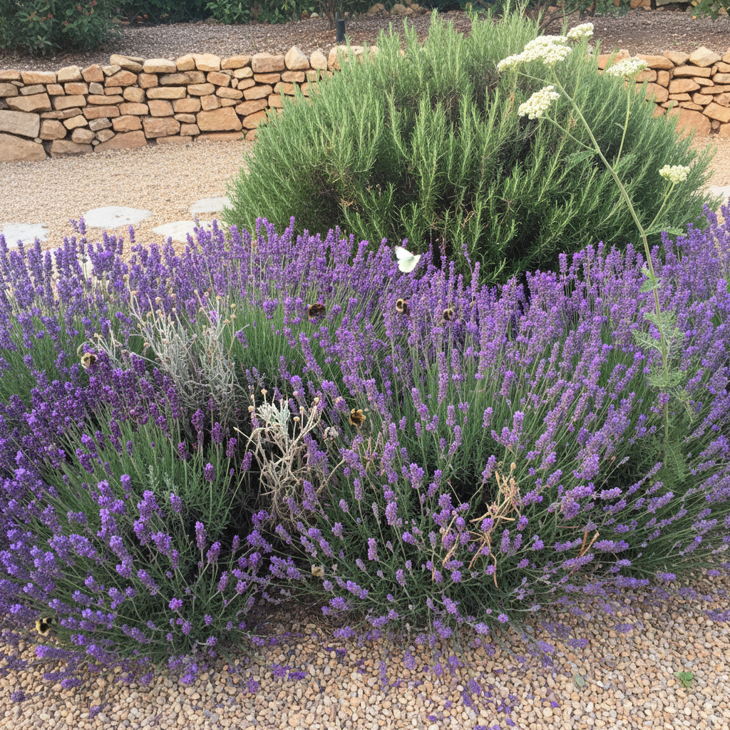 Mata de lavanda y romero en flor con varios abejorros y mariposas en un jardín mediterráneo a media tarde