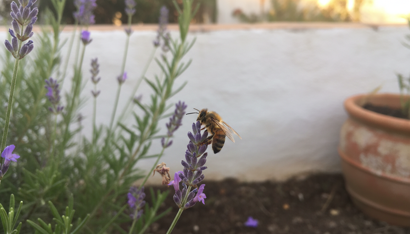 Abeja melífera ibérica inmóvil al amanecer aferrada a una espiga de lavanda en un jardín mediterráneo