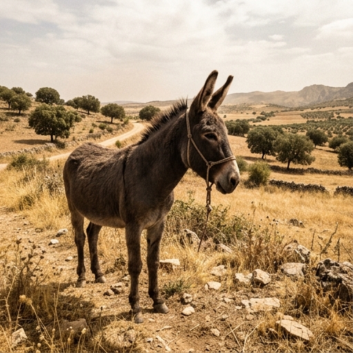 Burro con las orejas erguidas en un cercado rural, campo seco y encinas al fondo.