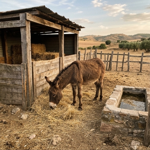 Burro comiendo paja seca junto a un cobertizo de madera en una finca española interior.