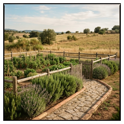 Huerto vallado junto a zona de pasto con romero y lavanda en borde, finca rural española.