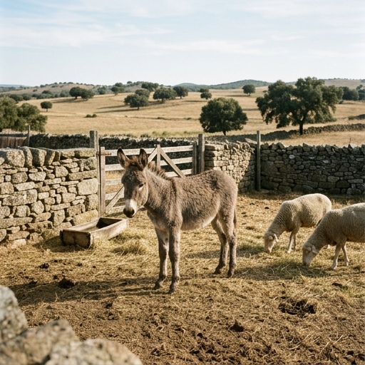 Burro joven y saludable en un cercado con ovejas, muro de piedra y paisaje de dehesa al fondo.