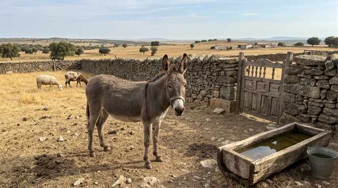 Burro doméstico en un cercado de piedra con ovejas pastando al fondo, finca rural española.