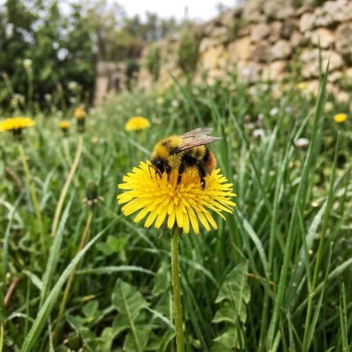 Abejorro sobre cabezuela de diente de león, jardín español en primavera con hierba y muro.