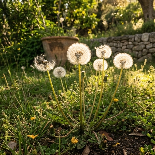 Esferas de semillas de diente de león en jardín español, luz lateral cálida y hierba al fondo.