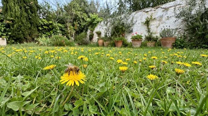Dientes de león en flor en un césped español de primavera con abeja melífera visible.