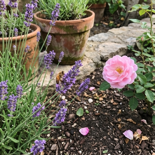 Lavanda y un rosal en flor con una abeja, junto a macetas de barro en un jardín español.
