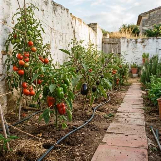 Huerto casero español con tomates, pimientos y berenjena junto a un muro encalado.