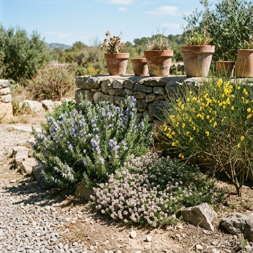 Romero y tomillo en flor junto a una retama, en grava y piedra, jardín mediterráneo seco.