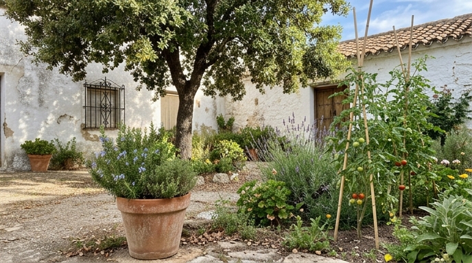 Jardín mediterráneo con macetas de barro, romero, tomillo y una encina junto a un muro encalado.