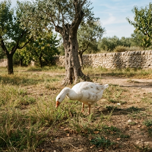 Ganso doméstico picoteando hierba entre frutales en una finca española, suelo con maleza.