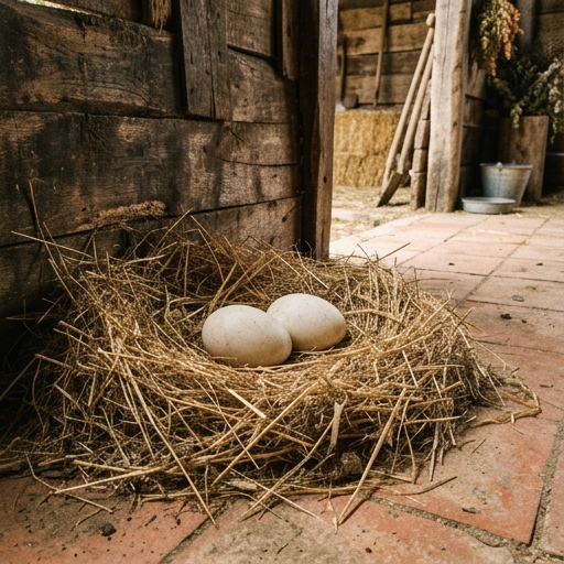 Huevos de ganso grandes junto a nido de paja en gallinero español, terracota y madera al fondo.
