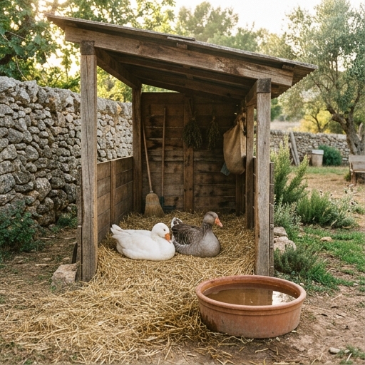 Cobertizo rústico de madera con paja, bebedero grande y gansos descansando en finca española.