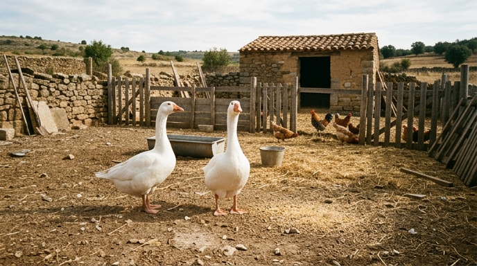 Par de gansos domésticos blancos en un corral rural español con gallinas y valla de madera.
