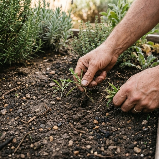 Manos enguantadas arrancando hierbajos a mano en bancal de tierra, tarea lenta de jardín.
