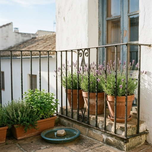 Balcón urbano con tres macetas de lavanda, jardinera de tomillo y bebedero de pájaros, mañana.