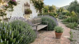 Rincón de jardín mediterráneo con banco de madera, lavanda en flor y muro encalado al fondo.