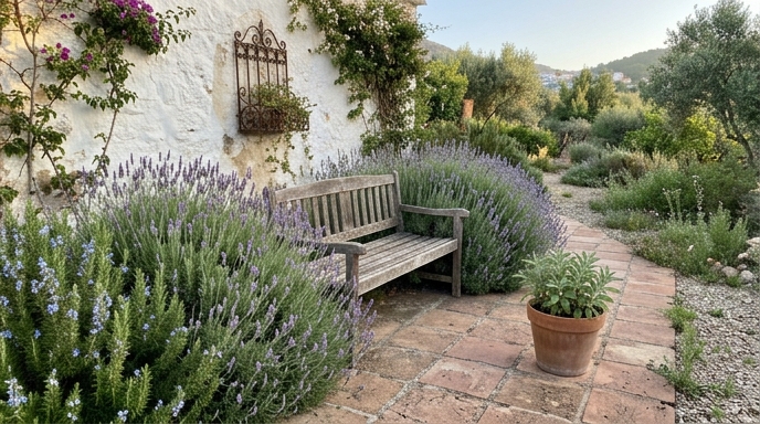 Rincón de jardín mediterráneo con banco de madera, lavanda en flor y muro encalado al fondo.