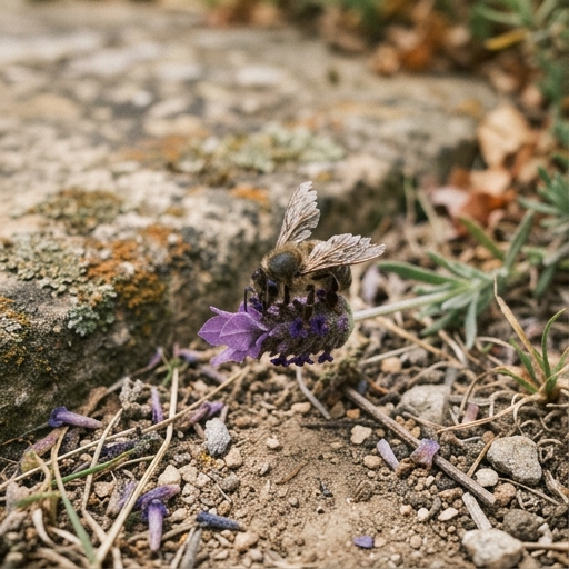 Abeja solitaria inmóvil sobre un pétalo de flor silvestre, alas translúcidas y desgastadas, en jardín español.