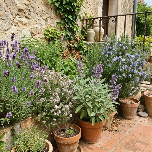 Terraza española con lavanda, tomillo, salvia y romero en flor en macetas y parterres, abundantes polinizadores.