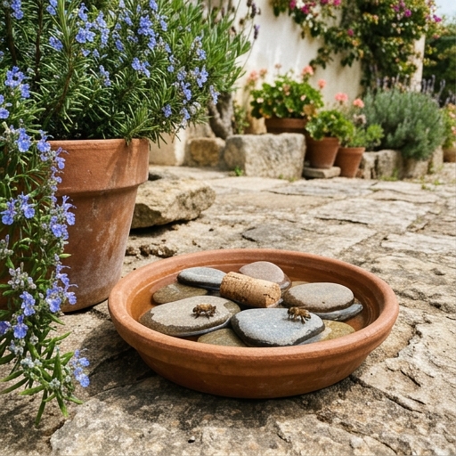 Plato bajo con agua y piedras como bebedero para abejas en jardín mediterráneo, junto a maceta con romero en flor.