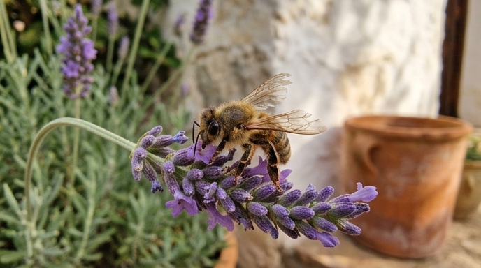 Abeja obrera con alas desgastadas posada sobre una espiga de lavanda en un jardín mediterráneo, al final de su vida.