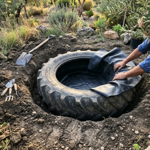 Manos extendiendo lona de EPDM dentro de neumático de tractor en zanja excavada en jardín.