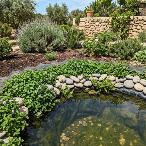 Borde del neumático enterrado cubierto con piedras de río y menta acuática extendida.