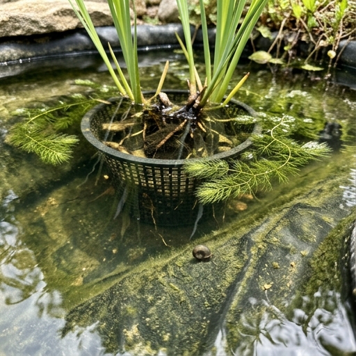 Maceta de rejilla con lirio de agua y espadaña sumergidas en estanque con agua clara.
