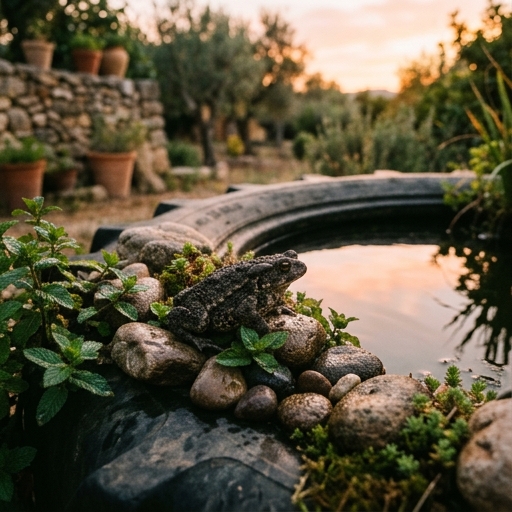 Sapo común en el borde pedregoso del estanque de neumático al atardecer, entre plantas.