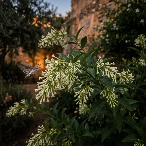 Flores blancas de dama de noche en arbusto al anochecer, polilla esfíngida visible en vuelo.