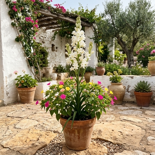 Vara de nardo en flor blanca en maceta, con dondiego de noche al fondo, jardín veraniego.