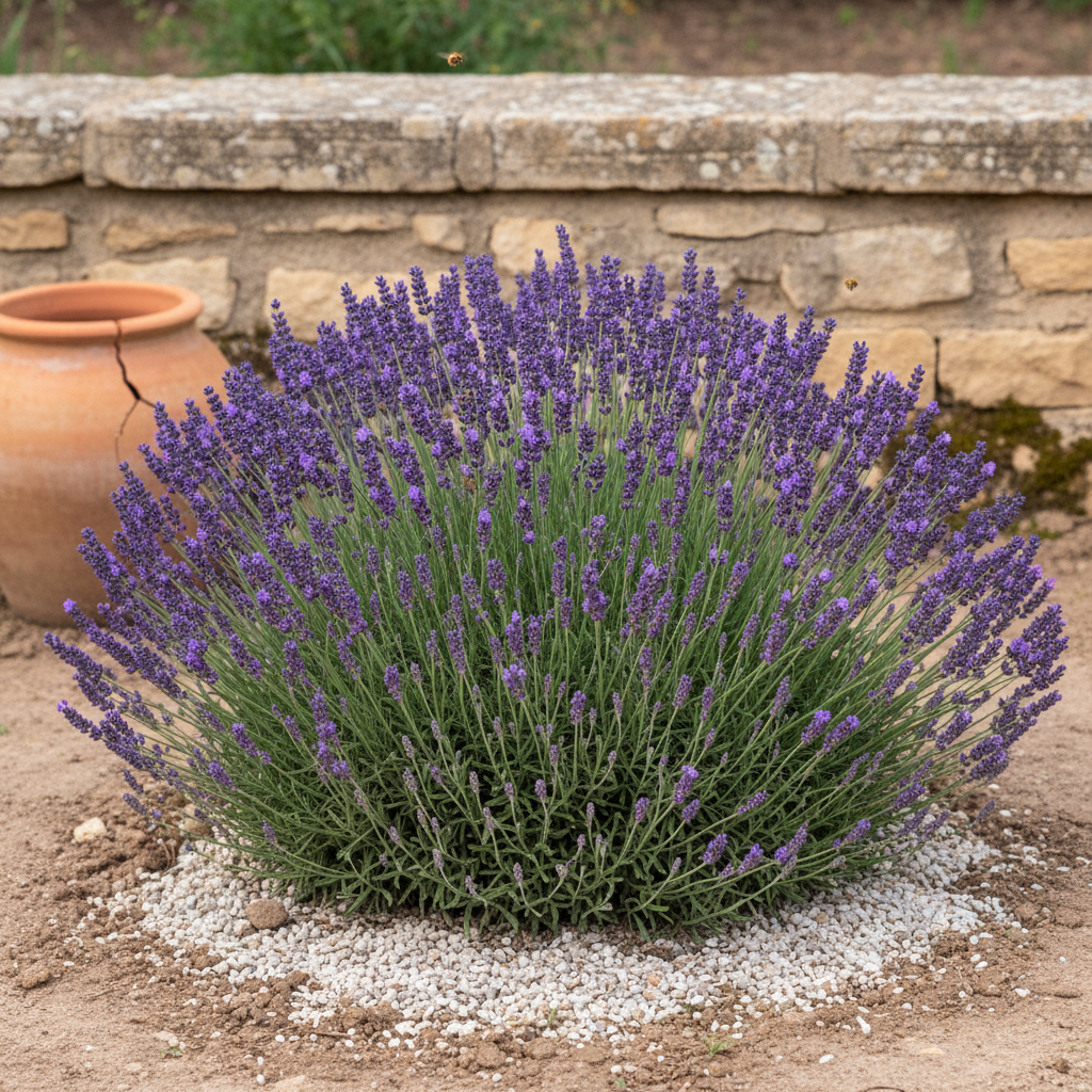 Mata de lavanda Lavandula angustifolia 'Hidcote' en flor sobre tierra con gravilla, junto a un muro de piedra caliza.