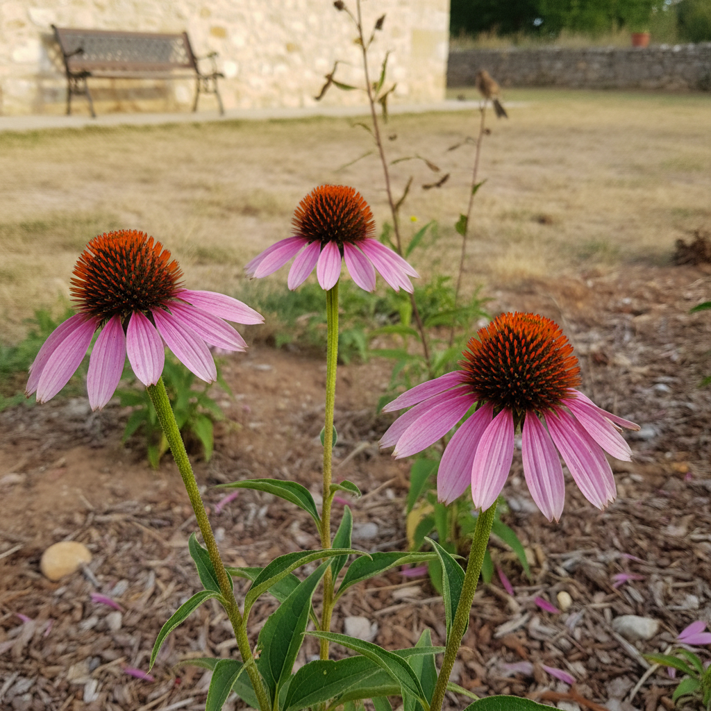 Flores de equinácea púrpura con conos cobrizos y un jilguero apenas insinuado al fondo, en un jardín soleado de la meseta.