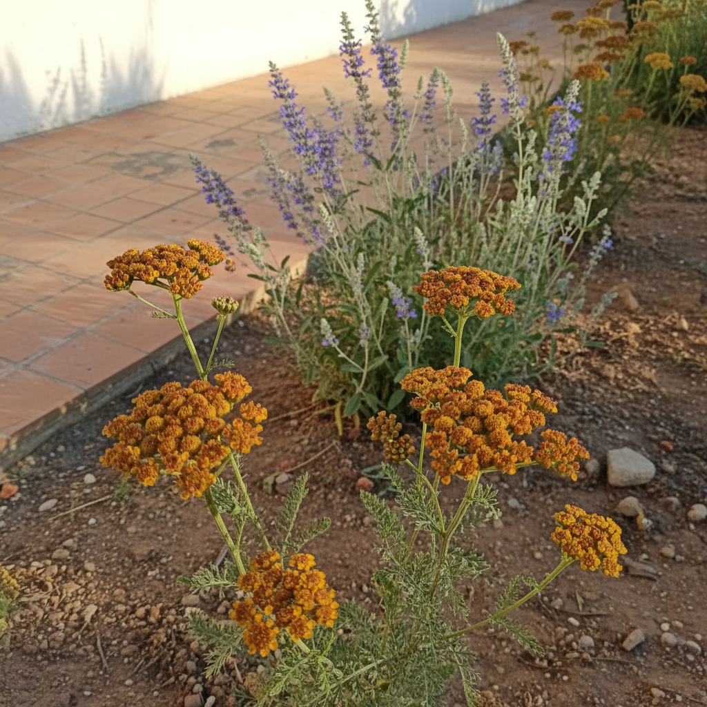 Inflorescencias planas de aquilea en tonos terracota y amarillo entre tallos plateados de salvia rusa.