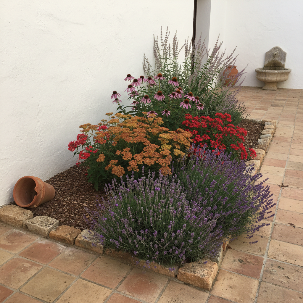 Cantero combinado en un patio del interior español con lavanda, equinácea, aquilea y salvia rusa escalonadas en altura.