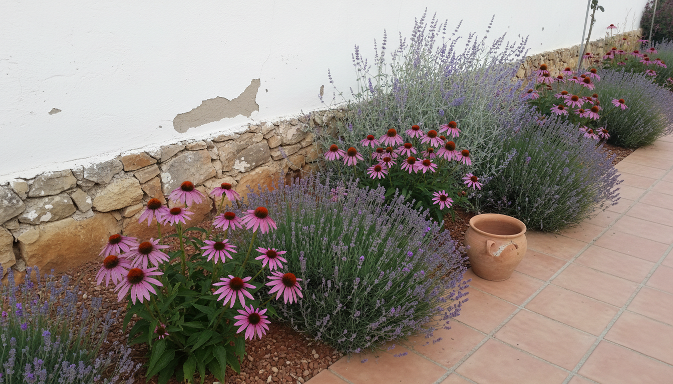 Macizo de lavanda, equinácea y salvia rusa floreciendo junto a un muro encalado en un jardín del interior de Castilla.