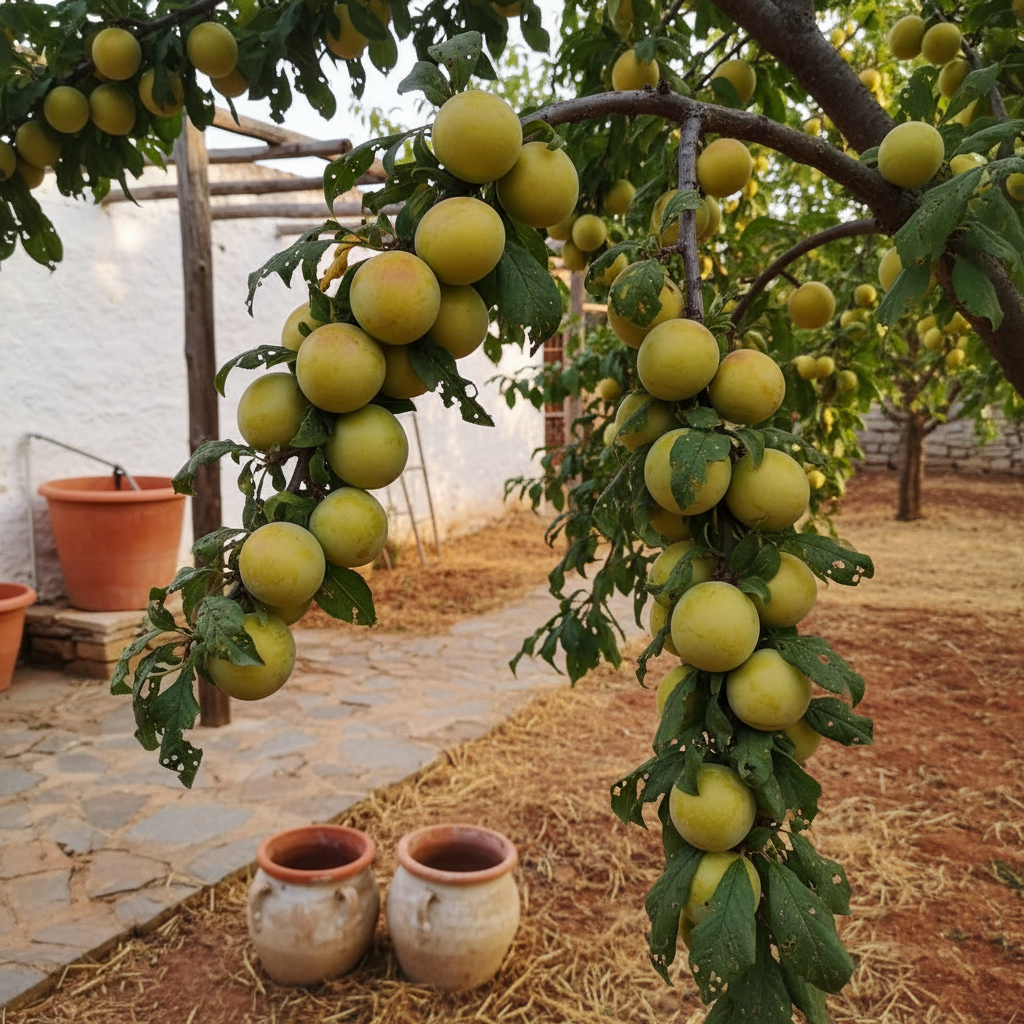 Ciruelas Reina Claudia verdes maduras en la rama de un ciruelo en un huerto rural del norte de España.