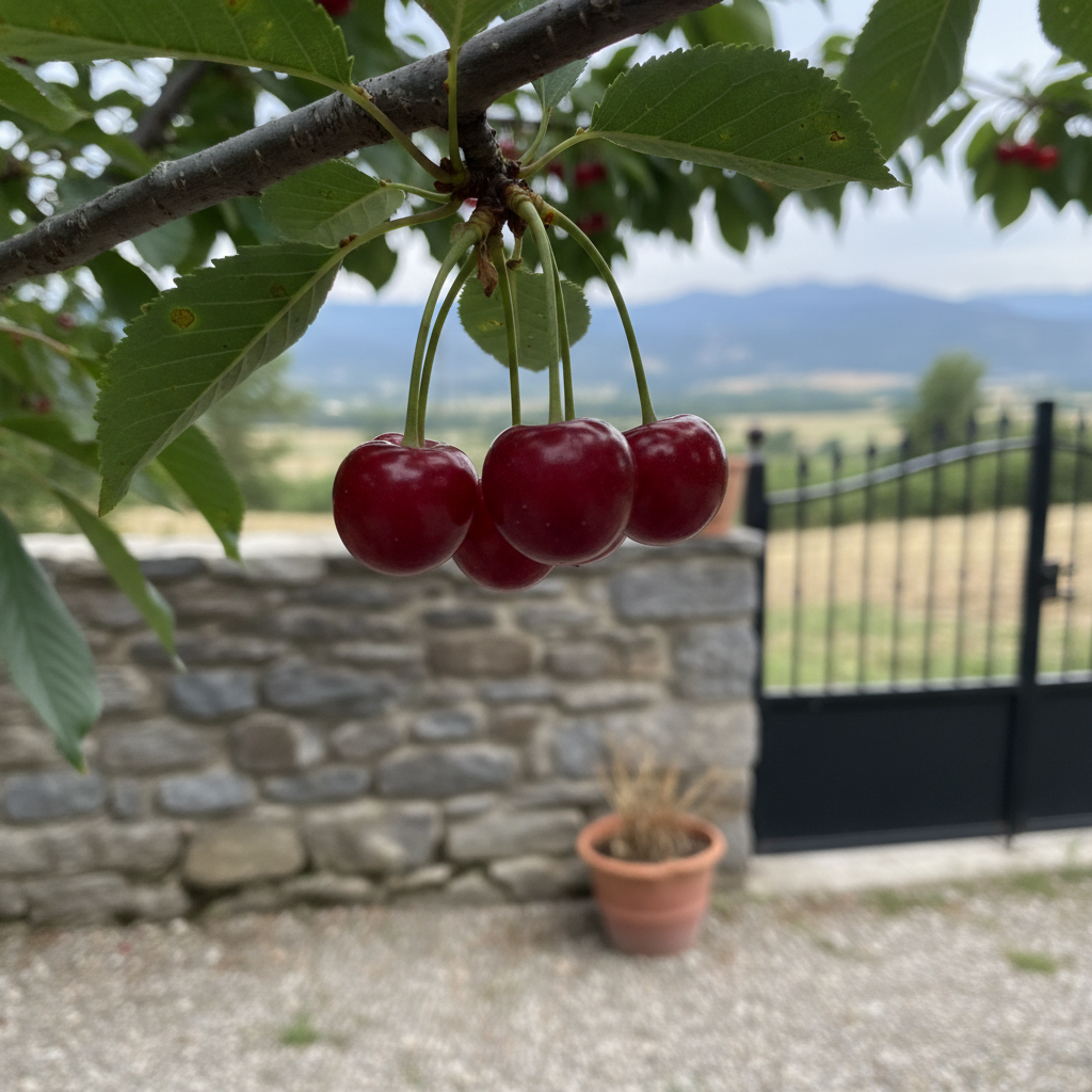 Cerezas rojas maduras colgando entre hojas verdes de un cerezo joven en un jardín del norte de España.