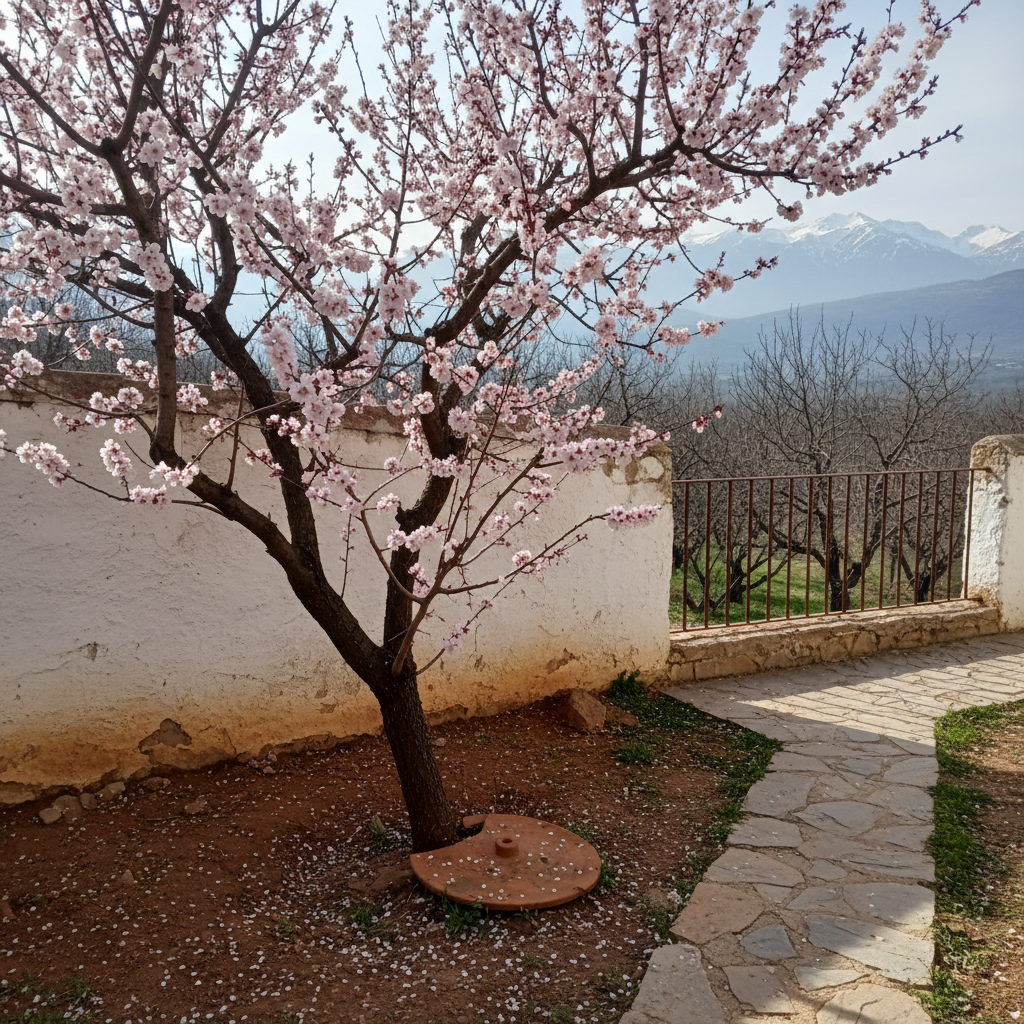 Albaricoquero en flor rosada junto a un muro encalado en un jardín del interior peninsular.