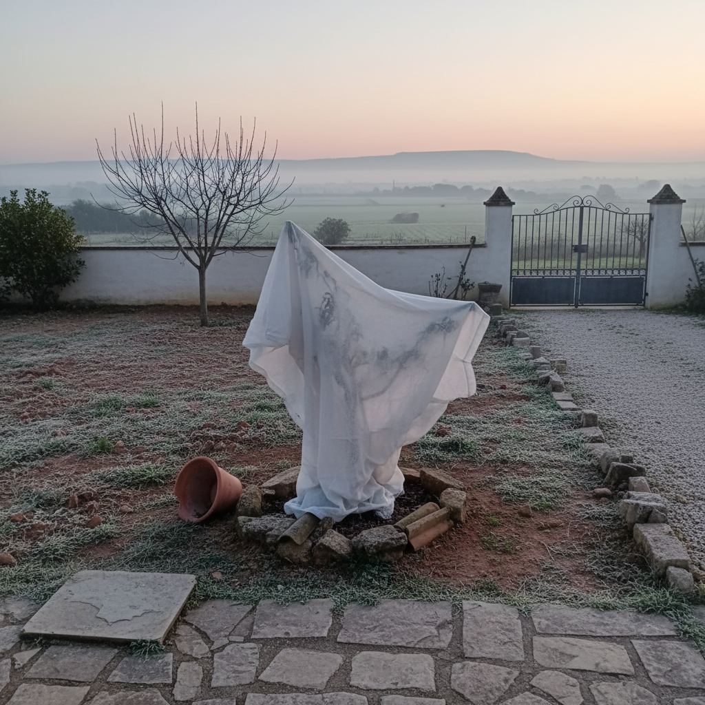 Ciruelo joven cubierto con manta antiheladas blanca al amanecer en un huerto del interior frío.