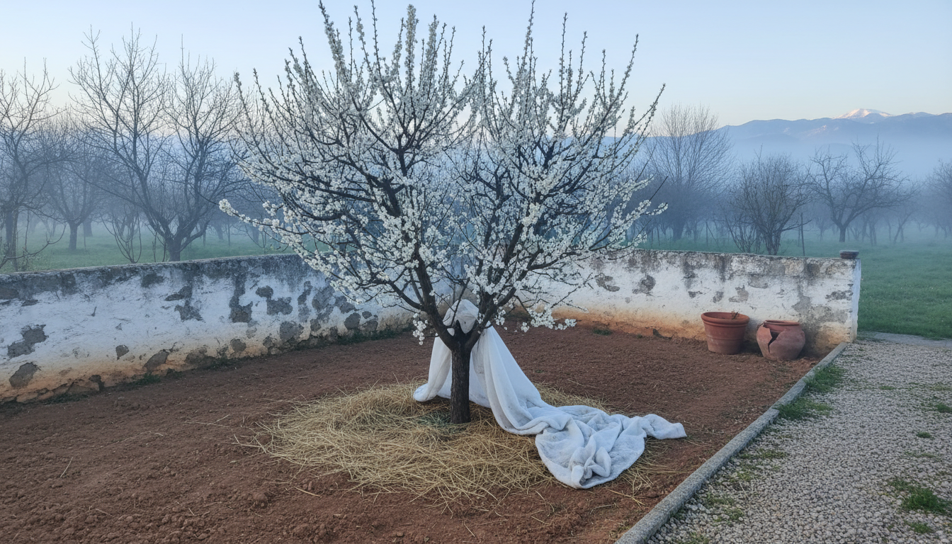 Ciruelo en flor cubierto a medias con manta antiheladas blanca junto a un muro de piedra del interior peninsular.