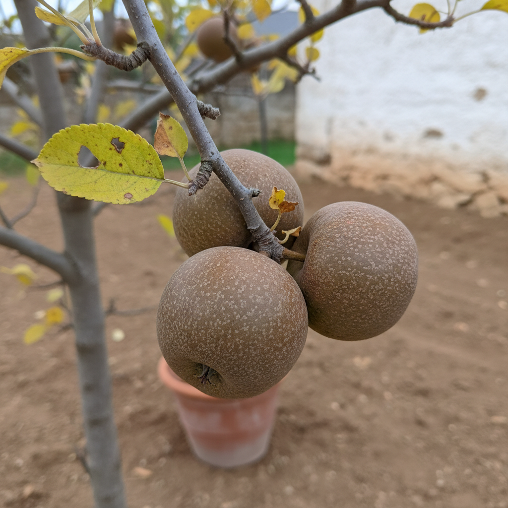 Manzanas Reineta Gris del Canadá maduras, de piel rugosa color bronce, sobre la rama de un manzano semienano.